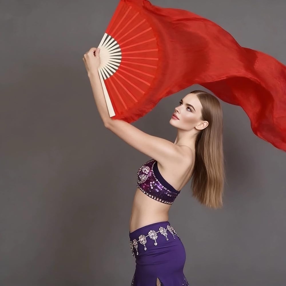 Women Chinese Belly Dance Silk Fan Veils (Left+Right) 1 Pair Long Fans for Dance - Picture 5 of 5